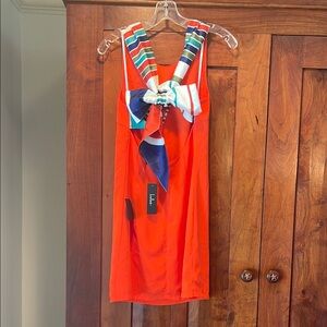 Lulu's Vibrant Orange Mini Dress with Multicolor Scarf Tie in Back, XS, NWT